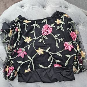 Chic Black Blouse with Pink and Yellow Floral Embroidery